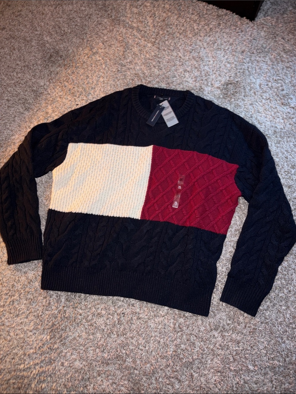 Tommy Hilfiger Men's Cable Knit Colorblock Sweater - Navy, Cream & Red